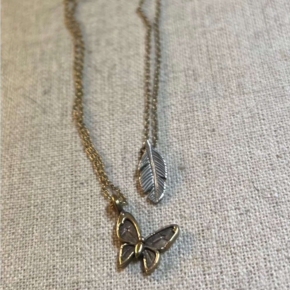 2 Necklaces 14K GF Butterfly & Feather Delicate Elegant Symbols - marked 1/20 GF